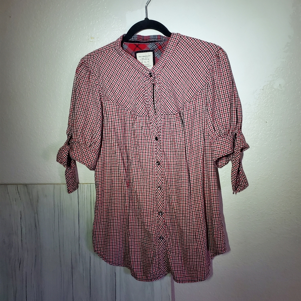 Old Navy Pearl Snap Front Short Sleeve Red Checked Blouse Prairie Women's XL